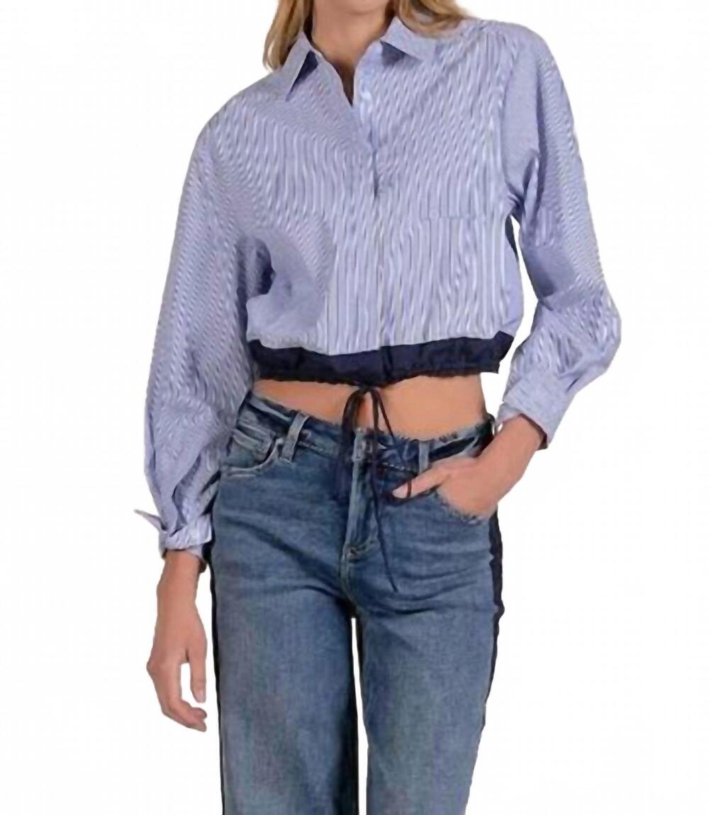 NEW ELAN long sleeve button down top with tie waist in blue stripe